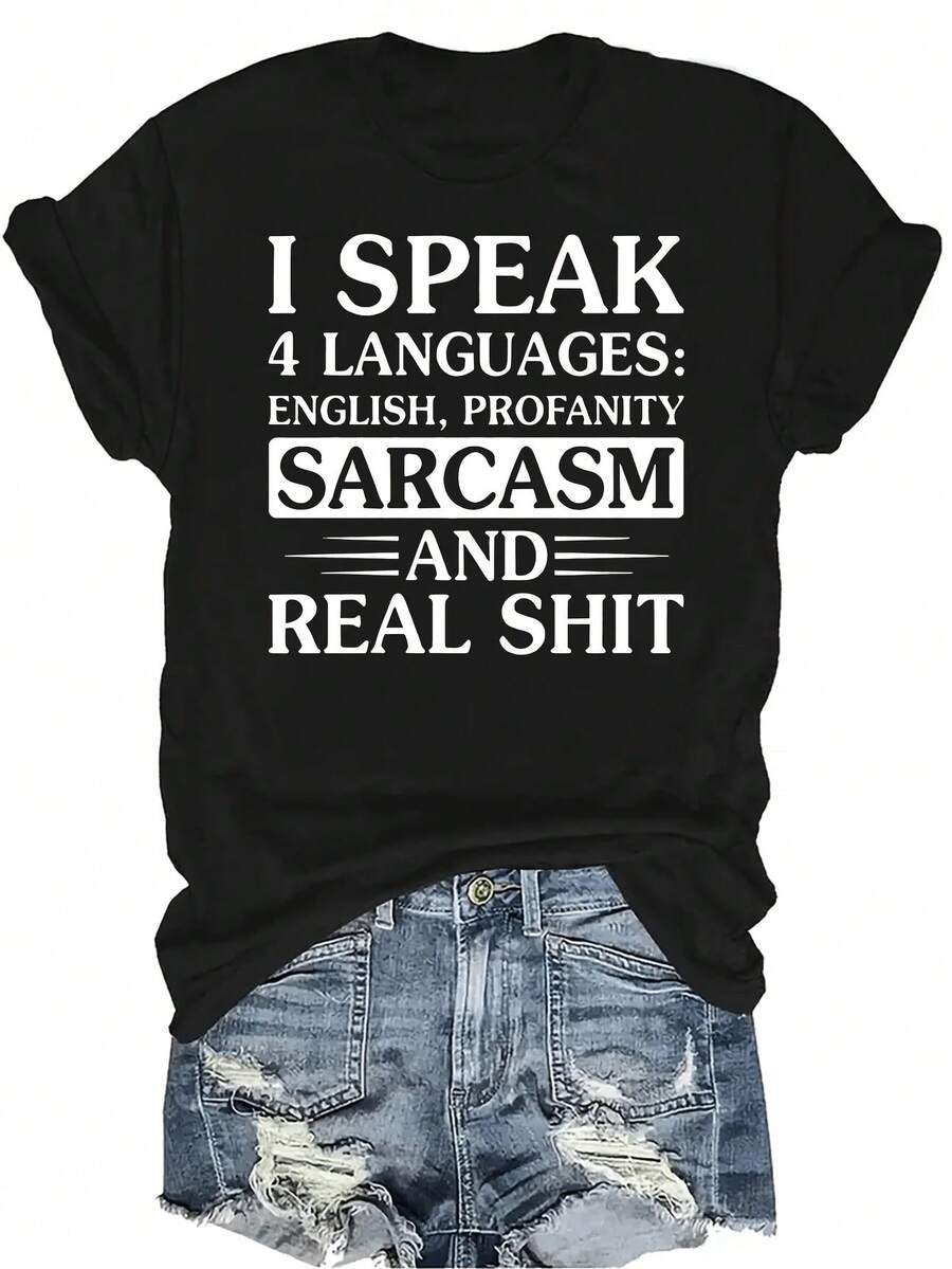 Camiseta "Hablo 4 idiomas" para mujer y unisex, de verano, casual, transpirable, con personalidad, cuello redondo, manga corta, ropa de calle, versátil, adecuada para adolescentes y adultos - Negro - Ver 1