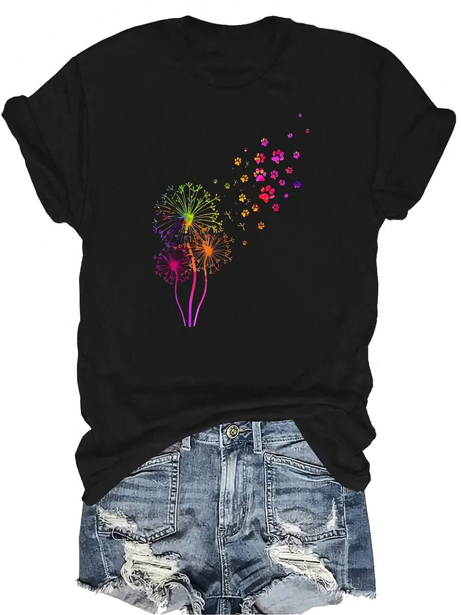 Camiseta con patrones interesantes para mujer y unisex, de verano, casual, transpirable, con cuello redondo, manga corta, estilo urbano y versátil, adecuada para adolescentes y adultos - Negro - Ver 1