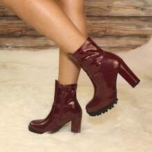 WOMAN BOOT CHUNKY HEEL ROUND TOE MID ANKLE - Maroon - View 2