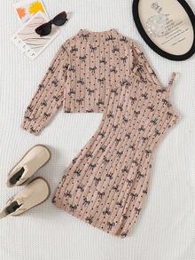 Young Girls Solid Ribbed Bow & Heart Print Fuzzy Long Sleeve Crop Top + Cami Dress 2-Piece Set