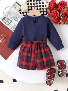 2 piezas Conjunto de niña elegante para la escuela con blusa de manga larga negra + falda a cuadros rojos y negros, ligero para primavera y otoño
