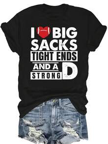 Amo los sacos grandes, los extremos cerrados y la camiseta de fútbol fuerte para mujeres y unisex. Camiseta de verano casual, transpirable, de personalidad, de cuello redondo, de manga corta, de ropa urbana, versátil, adecuada para adolescentes y adultos - Negro - Ver 1
