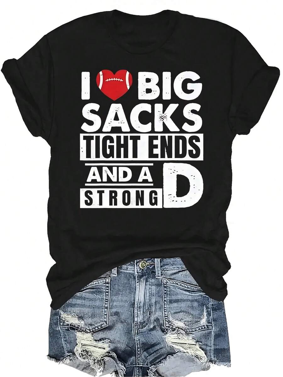 Amo los sacos grandes, los extremos cerrados y la camiseta de fútbol fuerte para mujeres y unisex. Camiseta de verano casual, transpirable, de personalidad, de cuello redondo, de manga corta, de ropa urbana, versátil, adecuada para adolescentes y adultos - Negro - Ver 1