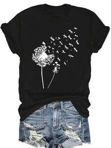 Camiseta con patrones interesantes para mujer y unisex, de verano, casual, transpirable, con cuello redondo, manga corta, estilo urbano y versátil, adecuada para adolescentes y adultos - Negro - Ver 1