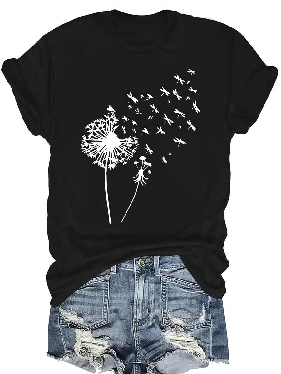 Camiseta con patrones interesantes para mujer y unisex, de verano, casual, transpirable, con cuello redondo, manga corta, estilo urbano y versátil, adecuada para adolescentes y adultos - Negro - Ver 1