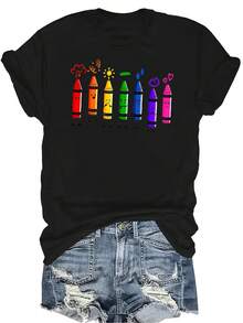 Camiseta con estampado de siete colores de crayones, para mujer y unisex, de verano, casual, transpirable, con personalidad, cuello redondo, manga corta, ropa de calle, versátil, adecuada para adolescentes y adultos - Negro - Ver 1