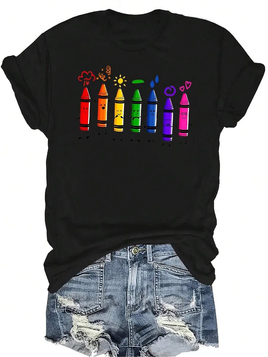 Camiseta con estampado de siete colores de crayones, para mujer y unisex, de verano, casual, transpirable, con personalidad, cuello redondo, manga corta, ropa de calle, versátil, adecuada para adolescentes y adultos - Negro - Ver 1