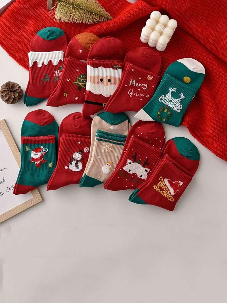 5 pares de calcetines navideños para hombres/mujer, calcetines de tubo medio para otoño e invierno, calcetines de regalo de Navidad para parejas