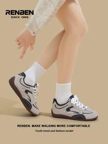 RENBEN 1 par de zapatillas retro de mujer en color gris, con cordones delanteros y bloques de color, nuevas zapatillas de plataforma versátiles y de moda de nicho para primavera/otoño 2025