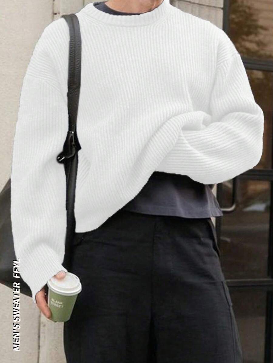 轻盈休闲针织毛衣，简约设计，宽松圆领套头衫，男女皆宜，适合秋冬季穿着。 - 白色 - 查看 1