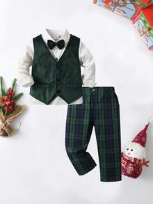 BOARNSEORL 3 件套男婴绅士套装：白色蝴蝶结长袖衬衫、绿色天鹅绒长裤、天鹅绒背心，时尚服装，适合生日派对、晚会、圣诞节