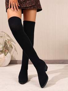 时尚简约女士黑色弹力靴，舒适弹力材质，防滑尖头过膝长靴，袜靴，适合秋冬季日常穿着，性感