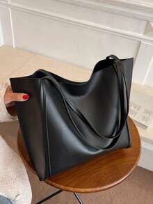 Large Capacity Solid Color Simple Tote Bag, Suitable For Shopping, Wallet, Young Women, College Students, Beginners, White-Collar. Ideal For Office, University, Work, Business, Commuting, Outdoor Activities, Travel And Picnics - Black - View 5