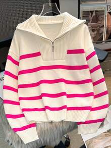 Herbst/Winter Neu Reißverschluss Damen gestreifter Strickpullover, modischer minimalistischer Pullover, vielseitig