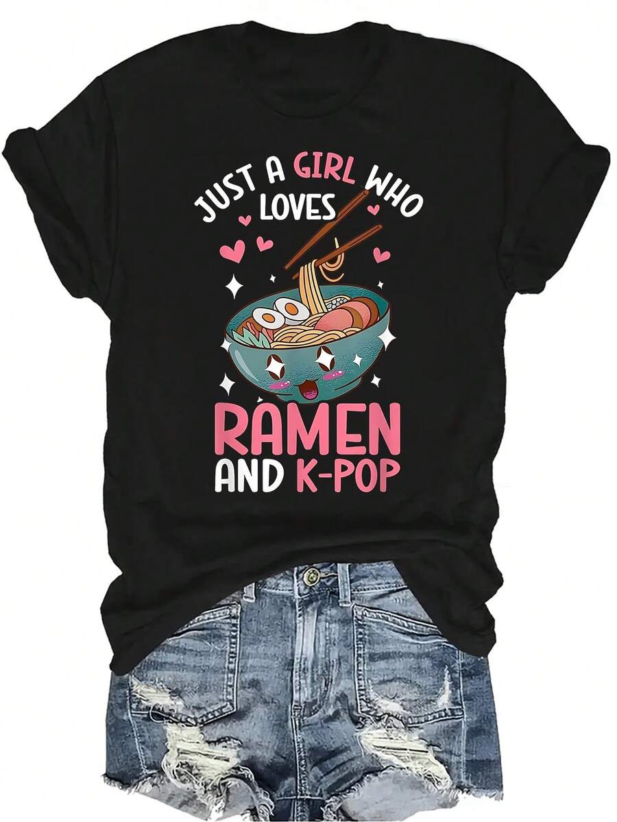 Camiseta para mujer y unisex "Solo una chica que ama el ramen y K-Pop", de verano, casual, transpirable, con personalidad, cuello redondo, manga corta, ropa de calle, versátil, adecuada para adolescentes y adultos - Negro - Ver 1
