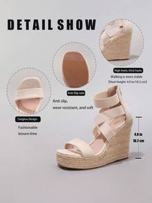 女士休闲帆布坡跟凉鞋，米色露趾踝带厚底鞋，拉链开合，夏季时尚休闲系带凉鞋