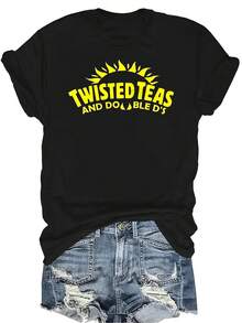 Camiseta con patrones interesantes para mujer y unisex, de verano, casual, transpirable, con cuello redondo, manga corta, estilo urbano y versátil, adecuada para adolescentes y adultos - Negro - Ver 1