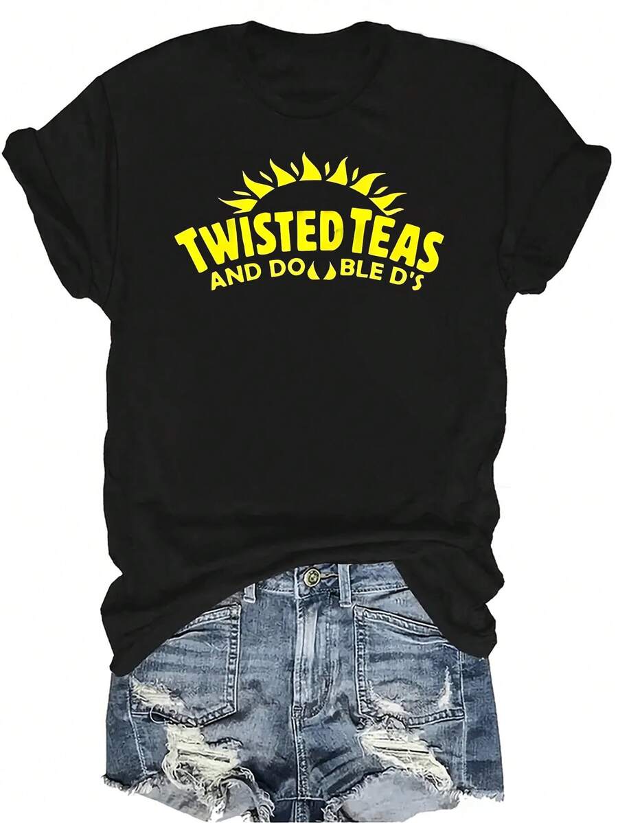 Camiseta con patrones interesantes para mujer y unisex, de verano, casual, transpirable, con cuello redondo, manga corta, estilo urbano y versátil, adecuada para adolescentes y adultos - Negro - Ver 1