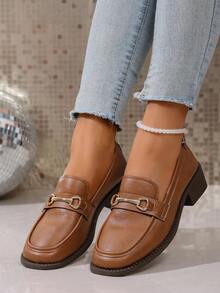 Solid Color Pure Metal Preppy Style Office High Heel Shoes, Non-Slip Thick Heel Square Toe Shoes, Simple Fashionable Sexy Comfortable Low Price Casual Loafers, Country Outdoor Ladies High Heel Shoes, Dance Shoes, Fashion Shoes