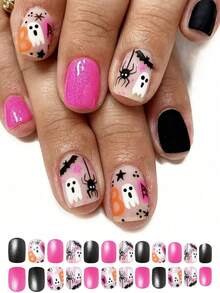 24片短方形指甲，万圣节粉色黑眼圈骨头，黑色魔法帽，黑色月亮，黑色粉色十字架墓碑，粉色南瓜，可穿戴指甲用品，按压式指甲 - 彩色 - 查看 2