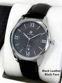 Pablo Raez Men's Casual Watch, Stylish Business Watch, Original Charming Men's Watch, Silver-Brown Case, Stainless Steel Case, Luxury Watch, Black Soft And Comfortable Microfiber Leather Strap, Roman Numeral Markers, Date Display, 50-Meter Water Resistance, New Men's Quartz Watch - 均碼 - 查看 13