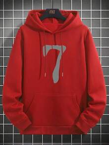 Herrluvtröja med nummer "7"-tryck och fickor, höst/vinter - Röd - Visa 7