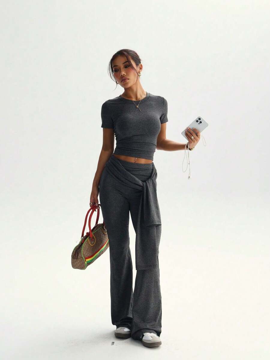 深灰色运动短款七分腰束腰套装系带腰喇叭裤，慵懒运动休闲风 - 深灰色 - 查看 1