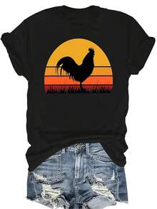 Camiseta de granjero con gallo, pollo, negro, naranja y amarillo, para mujer y unisex, de verano, casual, transpirable, de personalidad, de cuello redondo, de manga corta, de uso versátil, adecuada para adolescentes y adultos - Negro - Ver 1