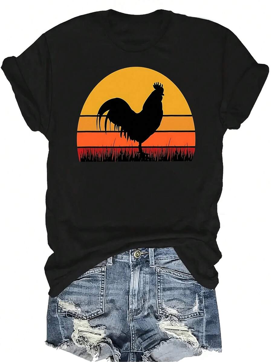 Camiseta de granjero con gallo, pollo, negro, naranja y amarillo, para mujer y unisex, de verano, casual, transpirable, de personalidad, de cuello redondo, de manga corta, de uso versátil, adecuada para adolescentes y adultos - Negro - Ver 1