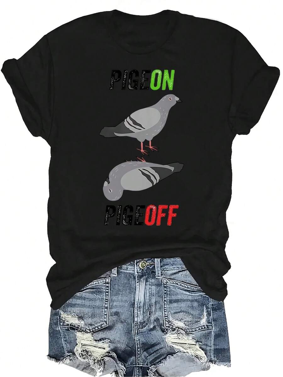Camiseta con estampado de paloma para mujer y unisex, de verano, casual, transpirable y de personalidad, con cuello redondo y manga corta, para uso versátil, adecuada para adolescentes y adultos - Negro - Ver 1