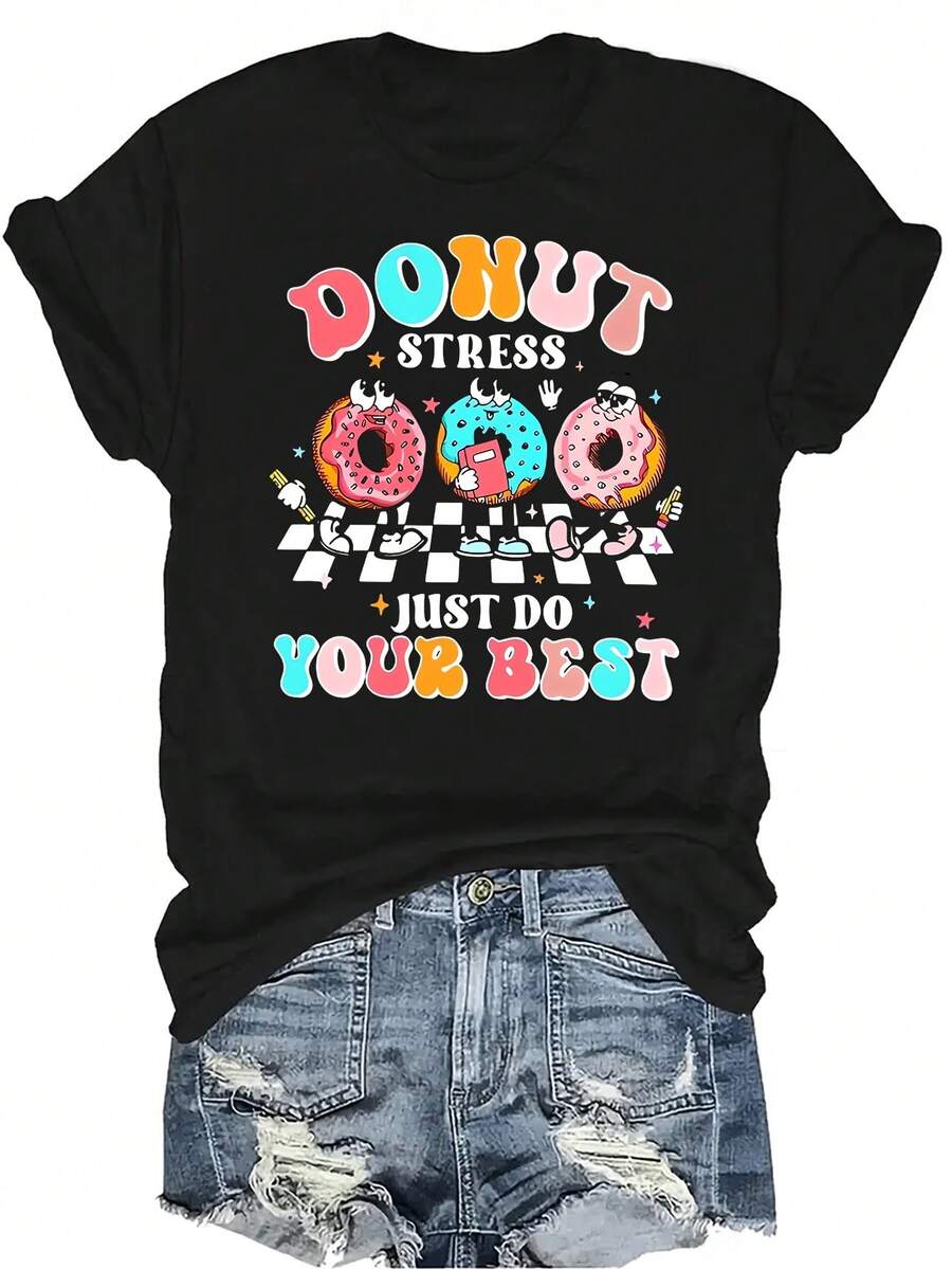 Camiseta de mujer y unisex "No te estreses, solo haz tu mejor esfuerzo" para el día del examen, de estilo casual y transpirable, con cuello redondo y manga corta, adecuada para adolescentes y adultos - Negro - Ver 1