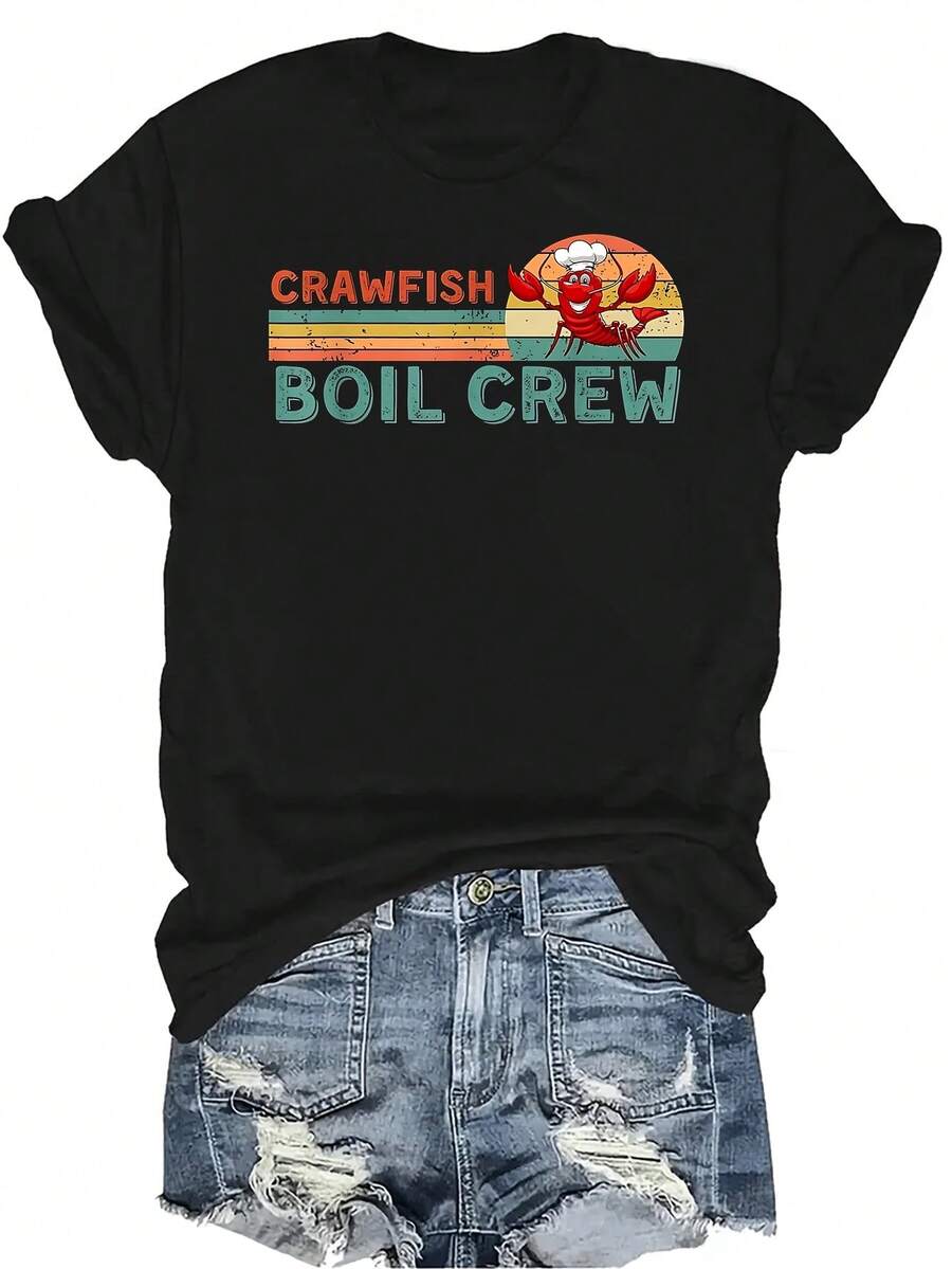 Camiseta de tripulación retro para hervir cangrejos de río, para mujer y unisex, de verano, casual, transpirable, de personalidad, de cuello redondo, de manga corta, de uso versátil, adecuada para adolescentes y adultos - Negro - Ver 1