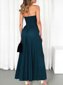 Women's Solid Color Elegant Party Gathered Ruffle Hem Dress, Summer - Navy Blue - View 2