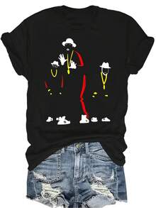 Camiseta con patrones interesantes para mujer y unisex, de verano, casual, transpirable, con cuello redondo, manga corta, estilo urbano y versátil, adecuada para adolescentes y adultos - Negro - Ver 1