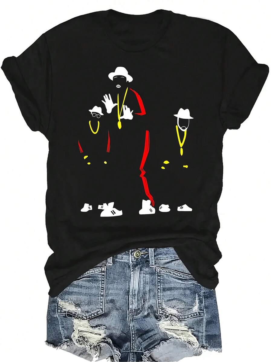 Camiseta con patrones interesantes para mujer y unisex, de verano, casual, transpirable, con cuello redondo, manga corta, estilo urbano y versátil, adecuada para adolescentes y adultos - Negro - Ver 1