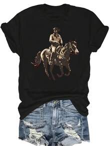 Camiseta con patrones interesantes para mujer y unisex, de verano, casual, transpirable, con cuello redondo, manga corta, estilo urbano y versátil, adecuada para adolescentes y adultos - Negro - Ver 1