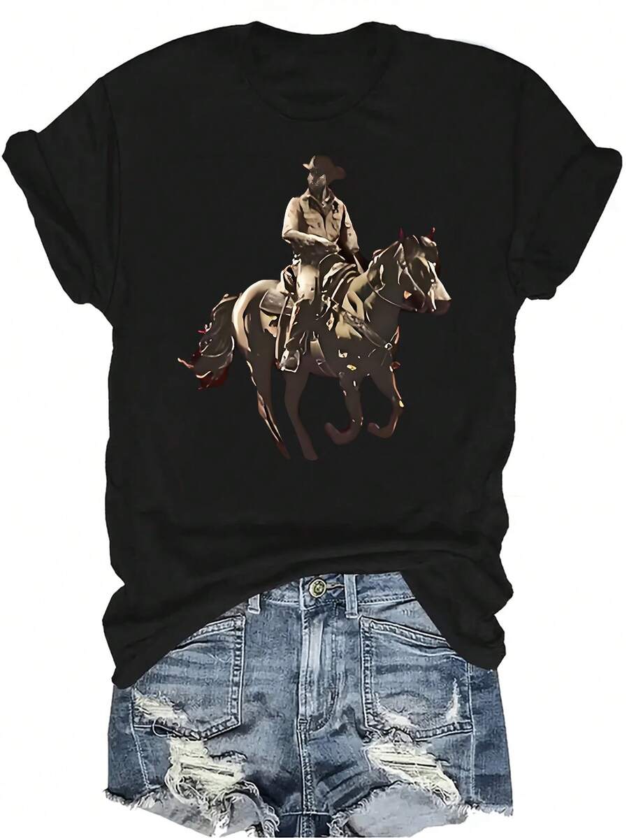 Camiseta con patrones interesantes para mujer y unisex, de verano, casual, transpirable, con cuello redondo, manga corta, estilo urbano y versátil, adecuada para adolescentes y adultos - Negro - Ver 1