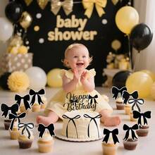 Black Bow Birthday Cake Decorations, 1 Pack Coquette Bow Cake Topper With Happy Birthday Sign, 12Pcs Bowknot Cupcake Toppers6Pcs Twist Tie Bows Bows Bridal Shower Wedding Party, Black 2