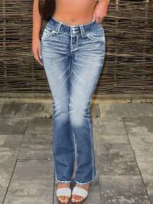 Women's Low-Rise Flared Jeans Stretch Trousers Double-Button Fly Butt-Lifting Pockets Sexy Y2K Retro Style Date Outfit - 淺色水洗藍 - 查看 2