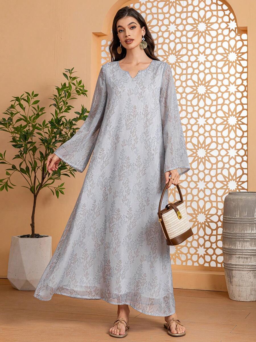 女士优雅雪纺印花长袖V领轻盈飘逸宽松休闲长裙，带衬里，适合日常穿着和度假。 - 灰色 - 查看 1