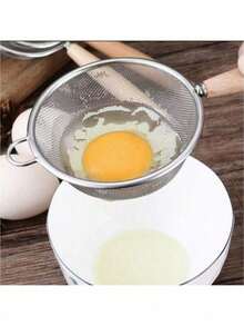 1个不锈钢细网厨房滤网，带木柄的撇油器，耐用面粉筛烘焙工具 - 銀色 - 查看 4