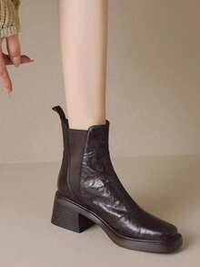 女士切尔西靴，真皮鞋面，粗跟，适合秋季、冬季穿着，方头设计，保暖内衬，弹性鞋带，修身剪裁，踝靴，优雅 - 棕色 - 查看 3