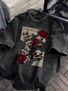 Floral Print Loose-Fitting Round-Neck Fashion Women's Clothing, Washed Short-Sleeve Anti-Wrinkle Cotton T-Shirt - 黑色 - 查看 1