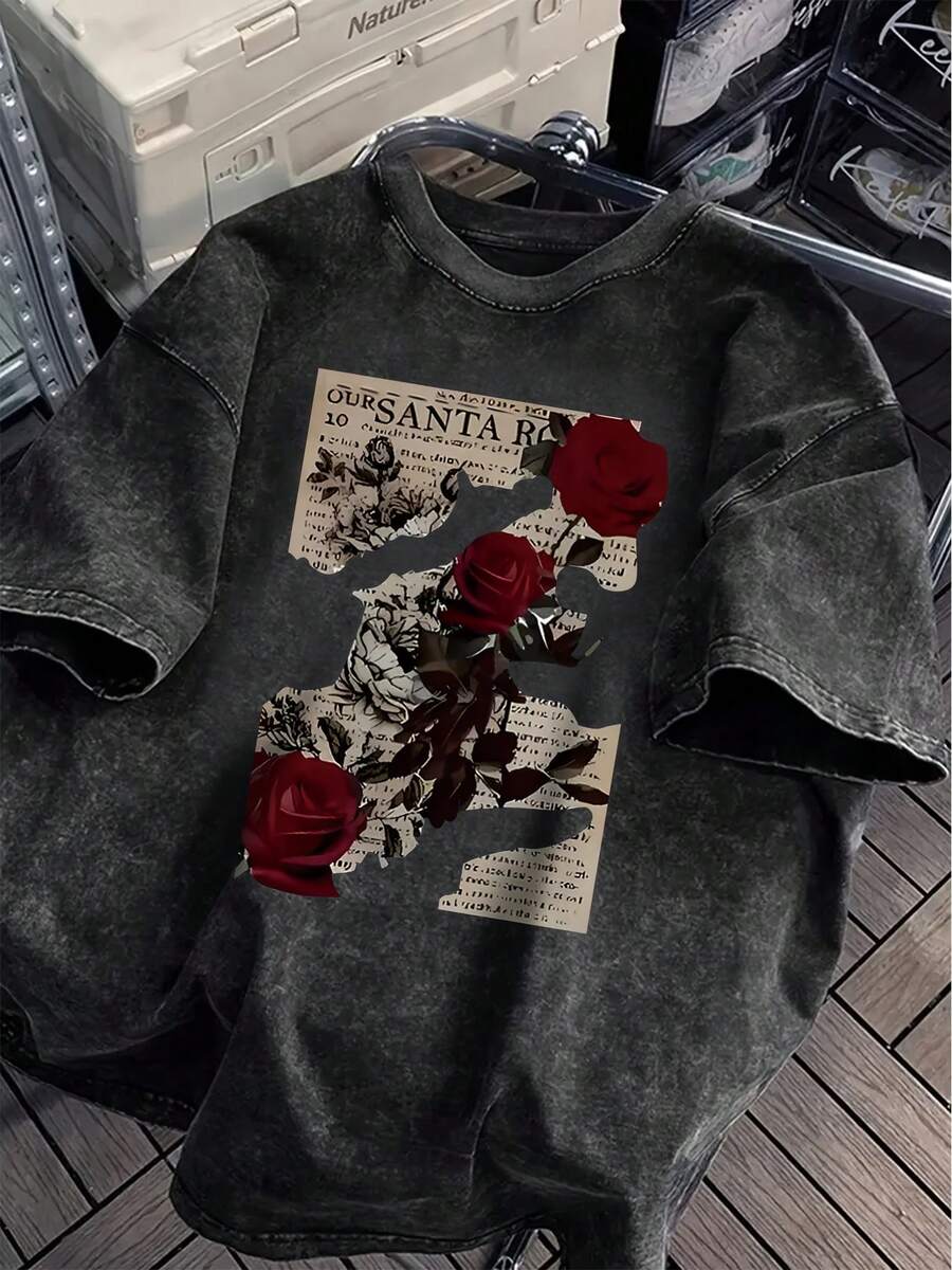 Floral Print Loose-Fitting Round-Neck Fashion Women's Clothing, Washed Short-Sleeve Anti-Wrinkle Cotton T-Shirt - 黑色 - 查看 1