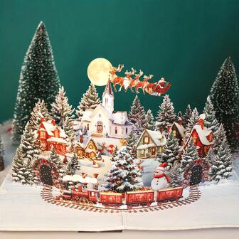 Christmas 3D Greeting Card, Pop-Up Christmas Gift Card, Holiday Delicacy For Her/Him, Main Color Green, Exquisite Decorative Card, Home Decor, Includes Elements Like Night Before Christmas Scene With Santa, Reindeer, Snowy Village & Moonlit Sky, Christmas Cards