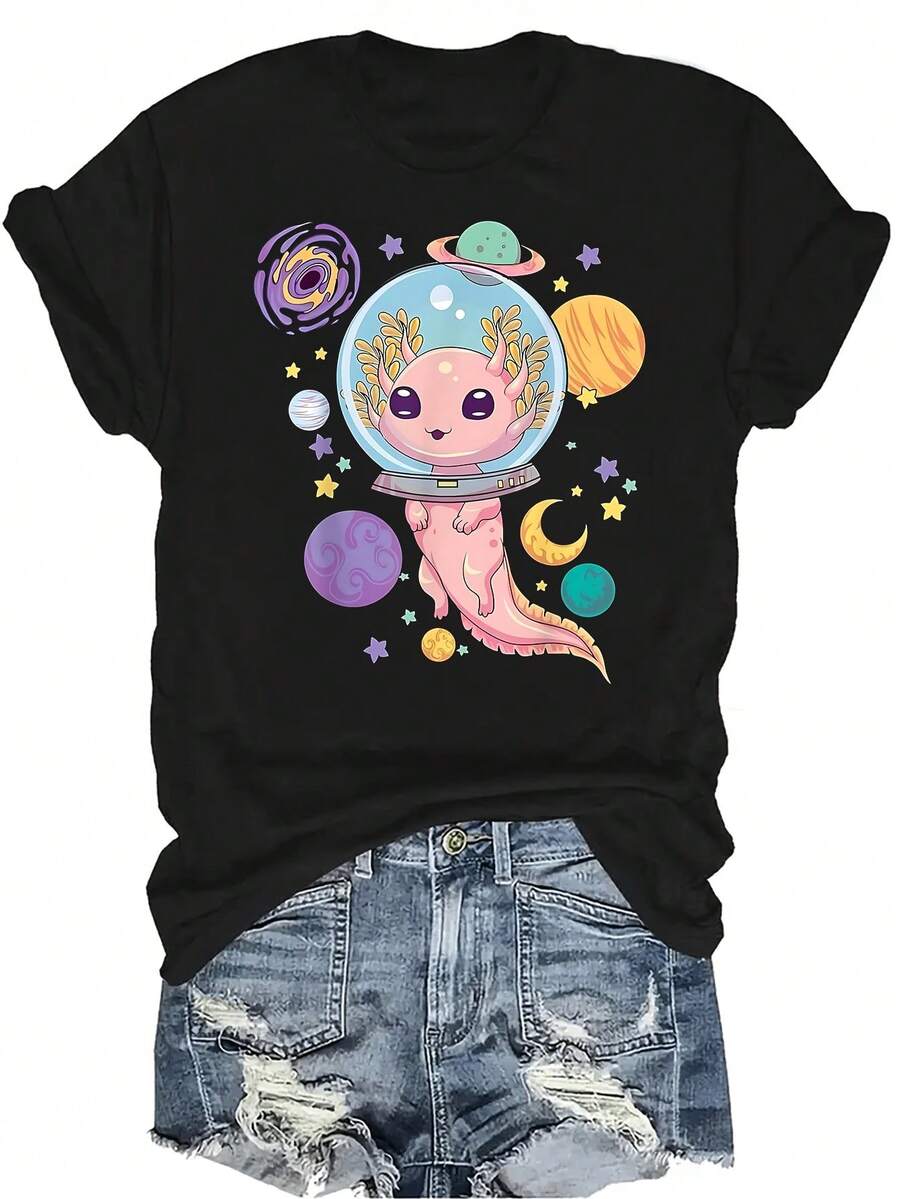 Camiseta de Axolotl espacial para mujer y unisex, de verano, casual, transpirable, con personalidad, de cuello redondo, de manga corta, de uso versátil, adecuada para adolescentes y adultos - Negro - Ver 1