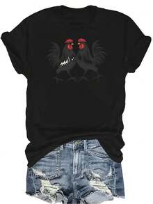 Camiseta con patrones interesantes para mujer y unisex, de verano, casual, transpirable, con cuello redondo, manga corta, estilo urbano y versátil, adecuada para adolescentes y adultos - Negro - Ver 1