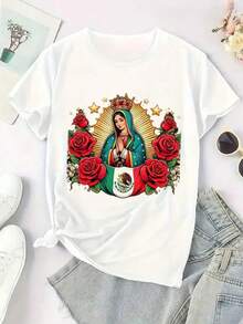 Playera camiseta gráfica dama mujer manga corta cuello redondo básica cómoda fresca ligera estampado mexicano virgen virgencita guadalupe flor rosas bandera - Blanco - Ver 2