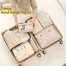 7-Piece Large Capacity Travel Storage Bag - Independent Compartment For Organizing Clothes, Pants, Shoes, And Socks, Compressed And Space Saving Zipper Closure, Durable Polyester Luggage Bag, Suitable For Outdoor Travel, Hand Washing/Dry Cleaning, Navy Blue, Convenient Packaging Solution, Easy To Clean Material, Compact Design, Essential For Business Trips