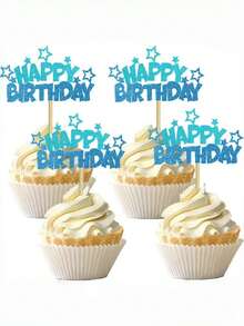 9pcs Pink & Blue Star Cake Toppers, Party Dessert Decorations, Happy Birthday Decor Suitable For Birthday, Holiday Party, Gathering Cake Decorations - Multicolor - View 3